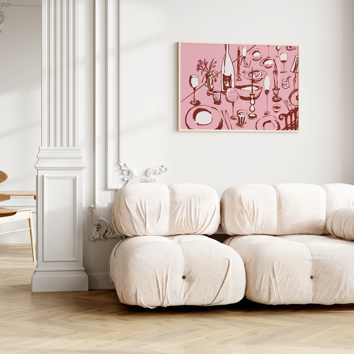 Pink Wine and Cheese Dinner Table Horizontal Illustration Poster - Image 3