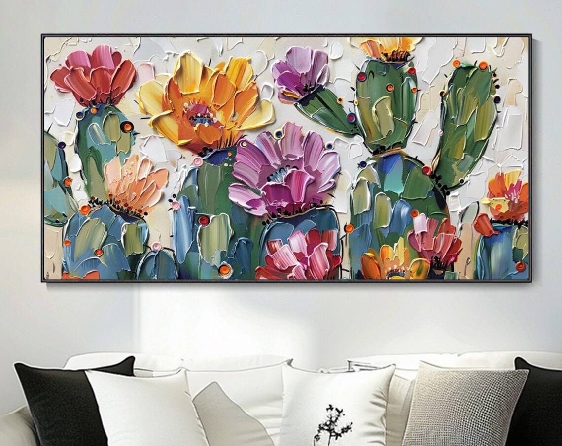 Colorful Cactus Oil Painting, Abstract Plant Art Print