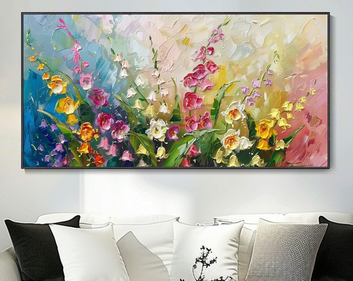 Colorful Wildflower Meadow Blue Gold Background Impasto Art Poster