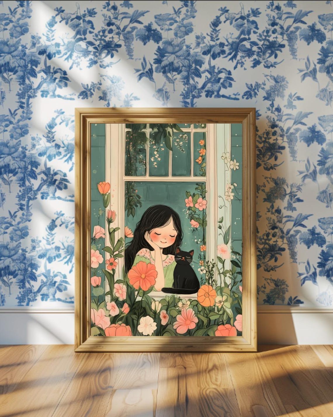 Coquette Girl With Black Cat in Blooming Window Folk Art Poster - Image 3