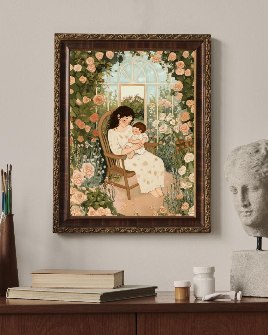 Mother and Baby in Rose Garden Greenhouse Nursery Art Poster - Image 2