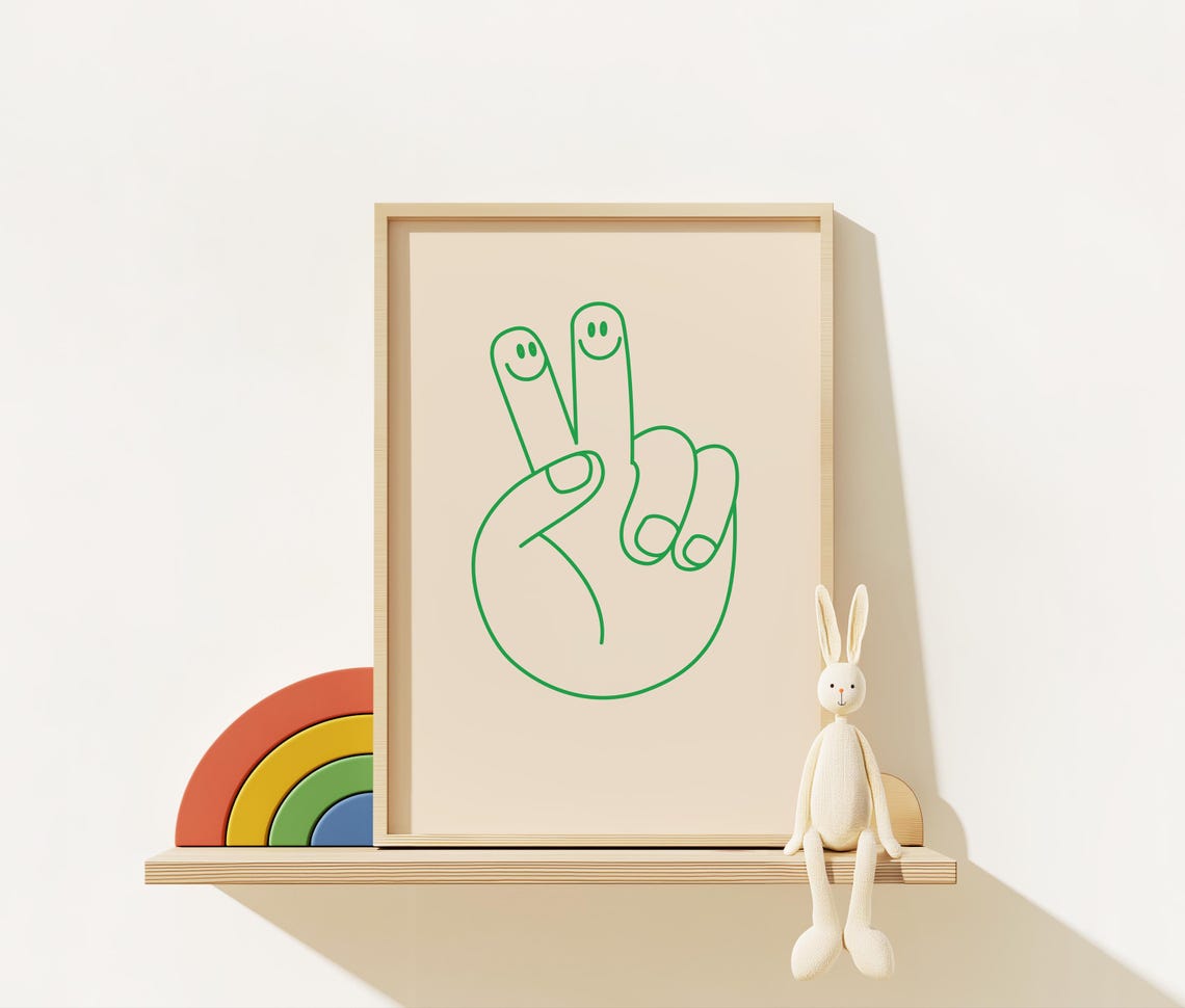 Green Line Peace Sign Hand with Smiley Faces Minimalist Poster - Image 3