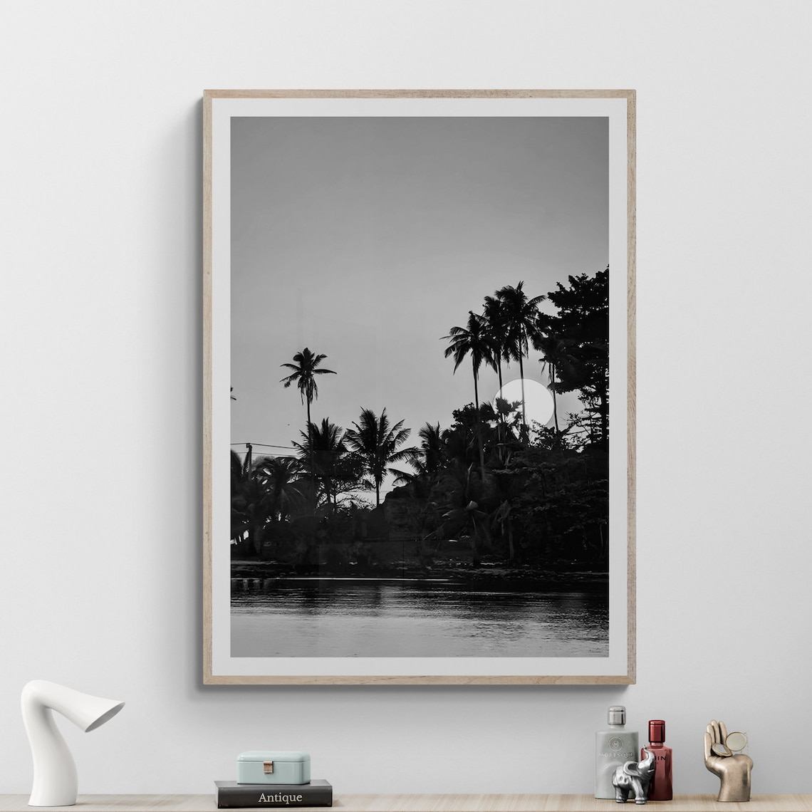 Moonlit Tropical Shoreline Palm Silhouettes Fine Art Photo Poster