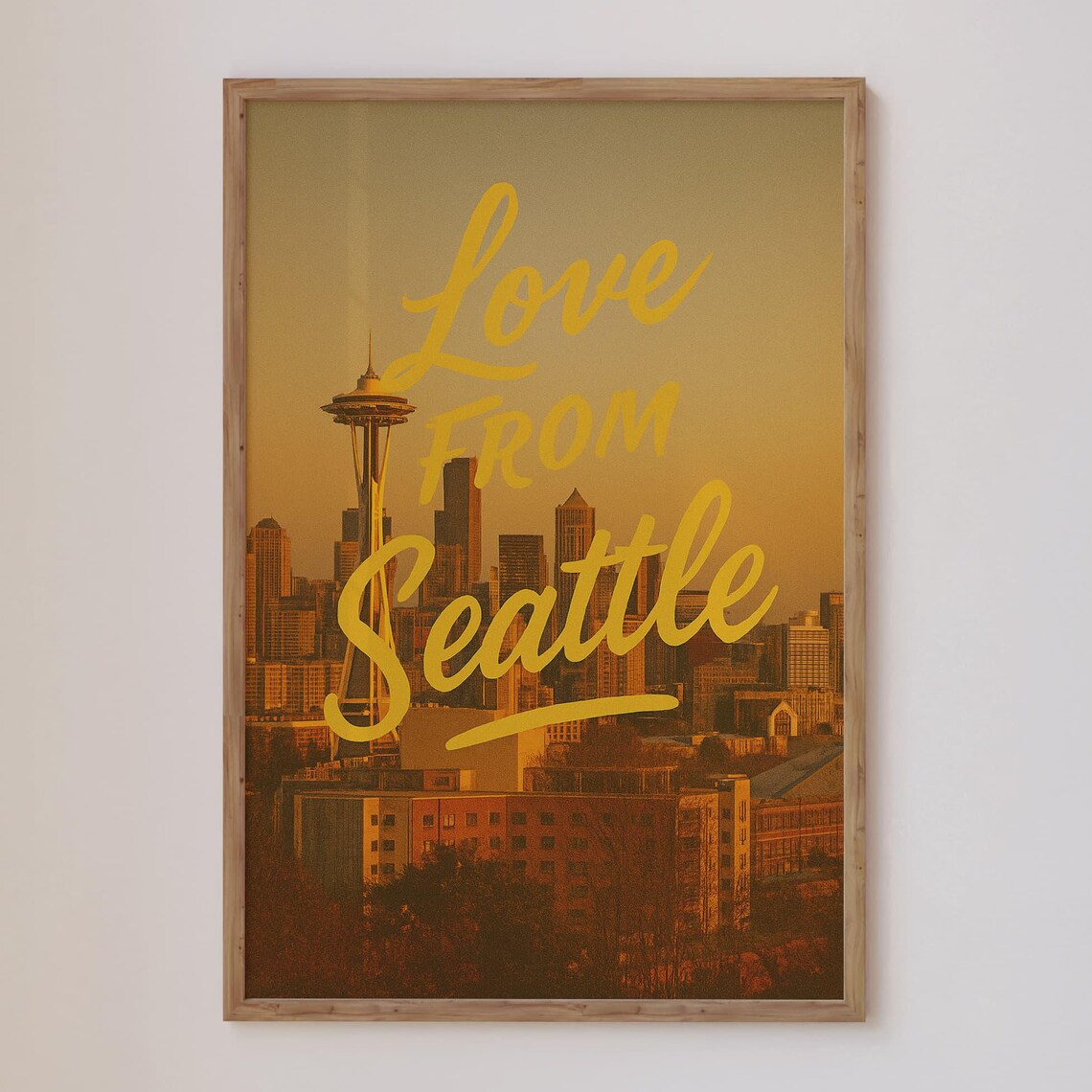 Love From Seattle Sunset Skyline Space Needle Vintage Travel Poster