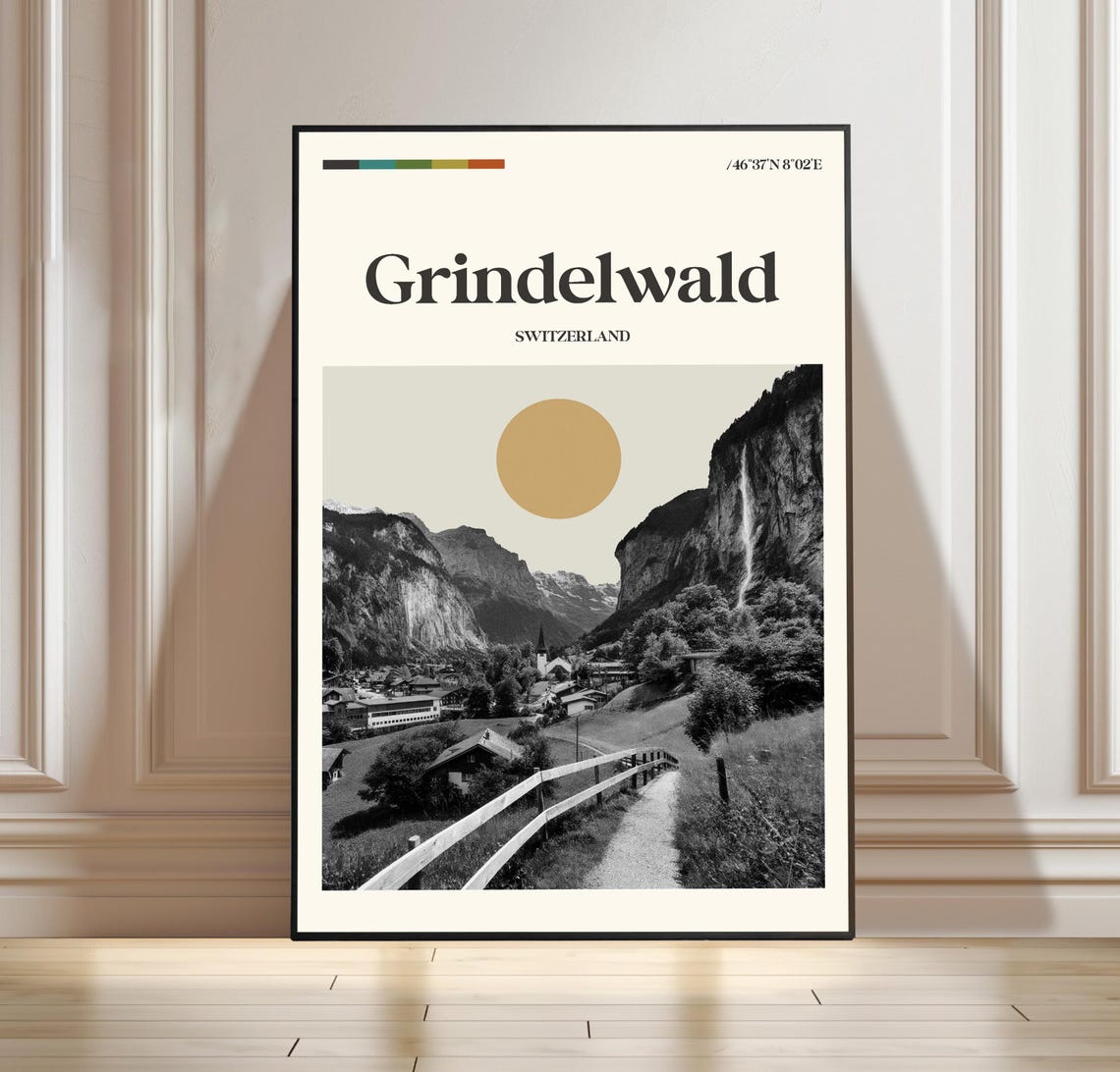 Grindelwald Switzerland Retro Travel Poster Alpine Village View Art