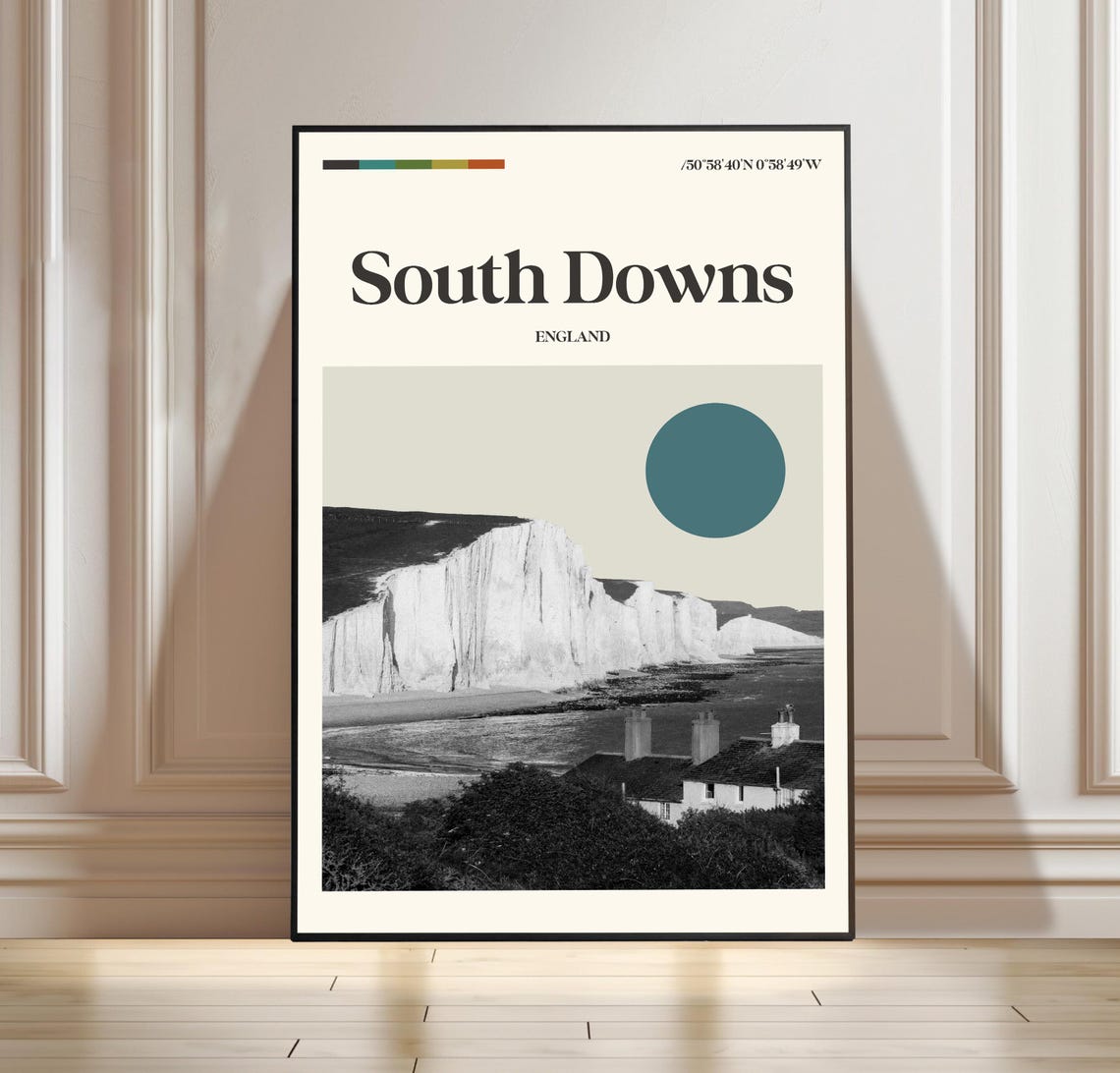 South Downs England Travel Poster White Cliffs Minimalist Coastal Art
