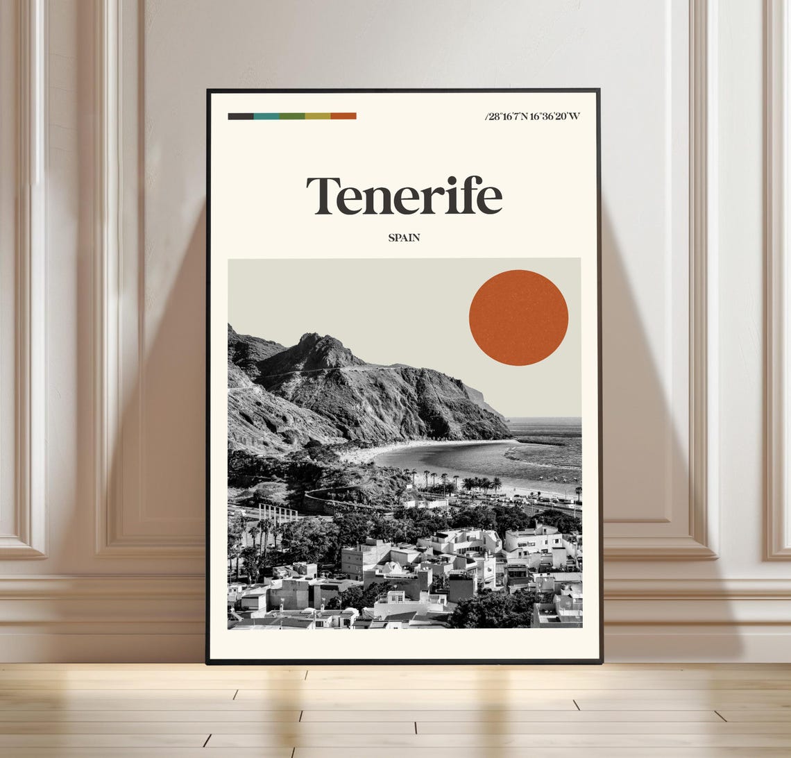 Tenerife Spain Coastal Cliffs Over Town Boho Travel Poster Decor