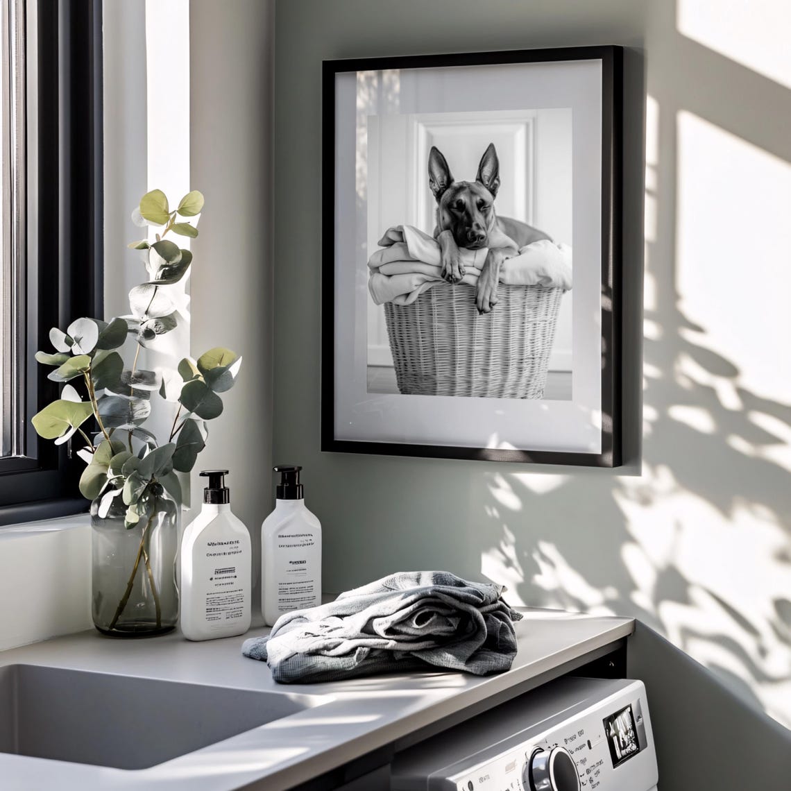 Sleepy Dog Resting on a Laundry Basket Black and White Poster - Image 3