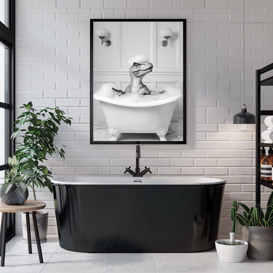 Baby Dinosaur in Bubble Bath With Foam Mohawk Funny Bathroom Poster - Image 3