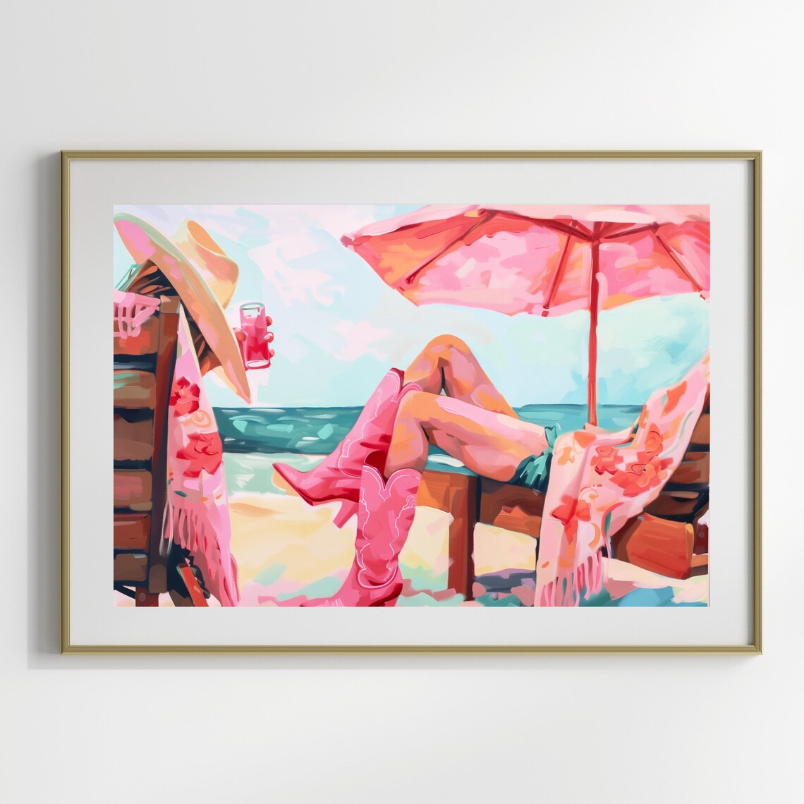 Cowgirl Lounging on Beach Chair with Pink Boots Cocktail Coastal Summer Poster - Image 3