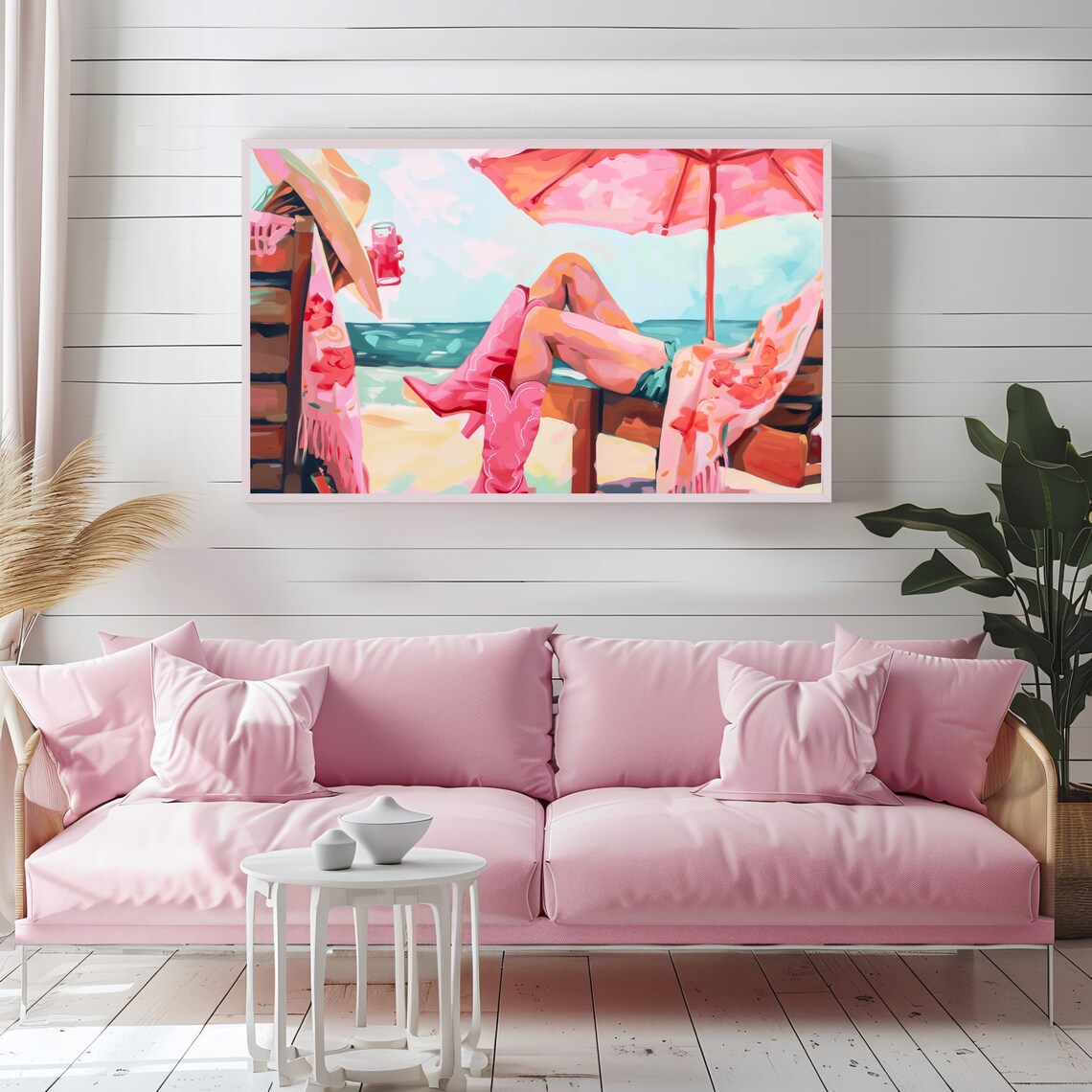 Cowgirl Lounging on Beach Chair with Pink Boots Cocktail Coastal Summer Poster - Image 2