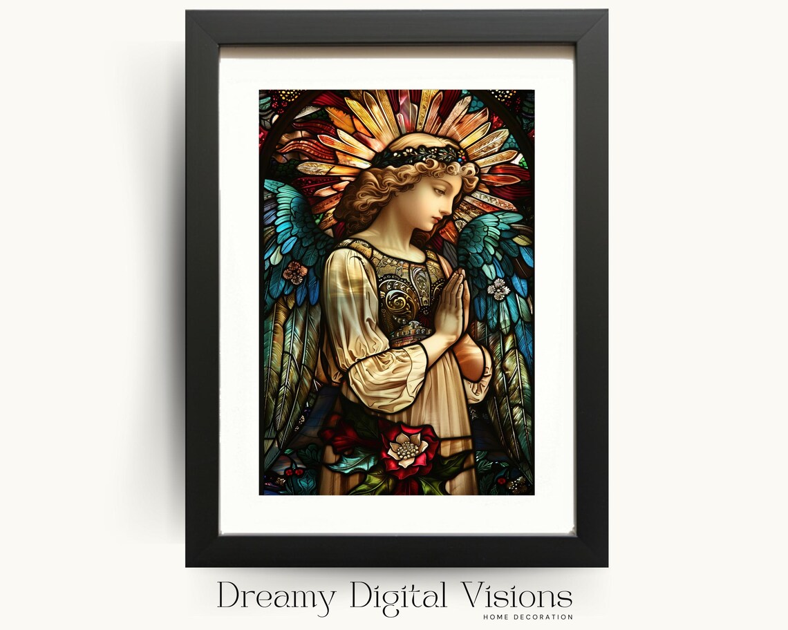 Praying Angel Stained Glass Style Colorful Spiritual Artwork Poster