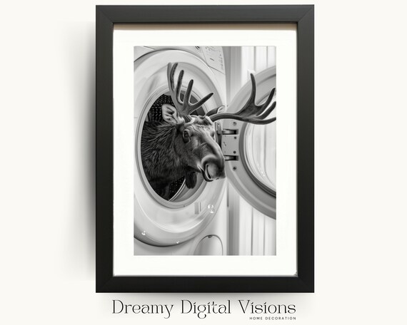 Moose In Washing Machine Poster Funny Laundry Room Black And White Wall Decor