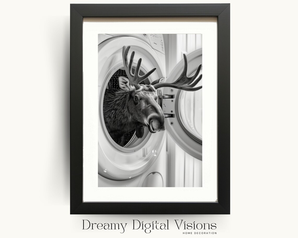 Moose In Washing Machine Poster Funny Laundry Room Black And White Wall Decor