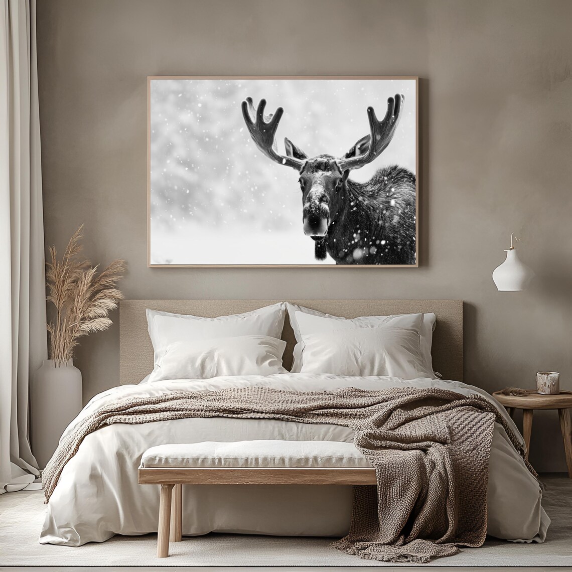 Moose in Falling Snow Black and White Winter Wildlife Photo Poster - Image 2