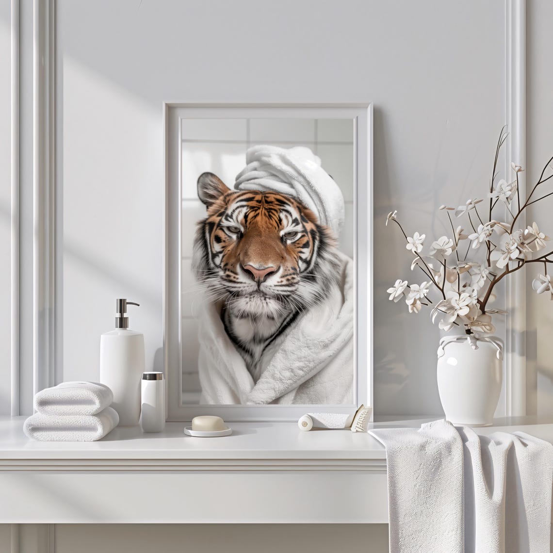 Tiger in Towel Turban and Bathrobe Funny Spa Bathroom Wall Art - Image 2