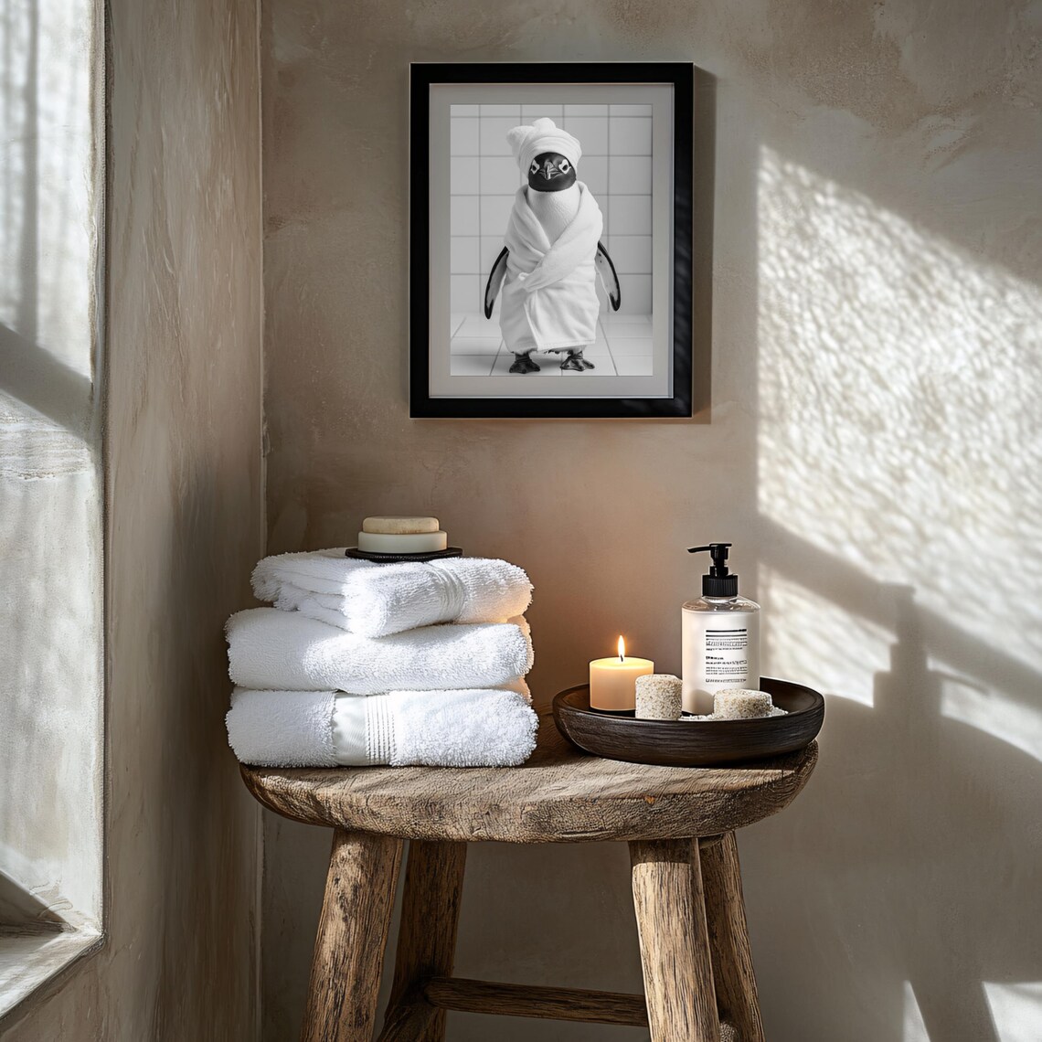 Funny Penguin in a Bathrobe and Towel Black and White Spa Poster - Image 2
