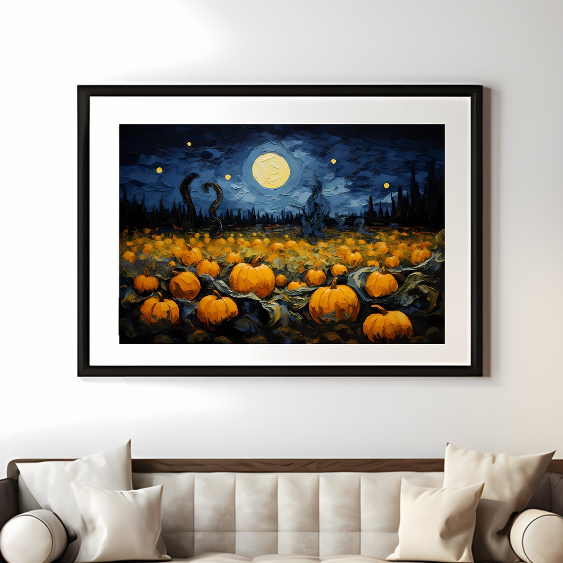Starry Night Pumpkin Patch Full Moon Halloween Impasto Poster - Image 3