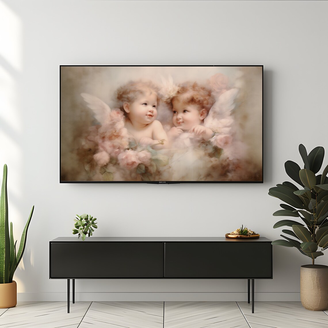 Two Sweet Cherub Angels Among Pink Roses Soft Pastel Valentine Print - Image 3