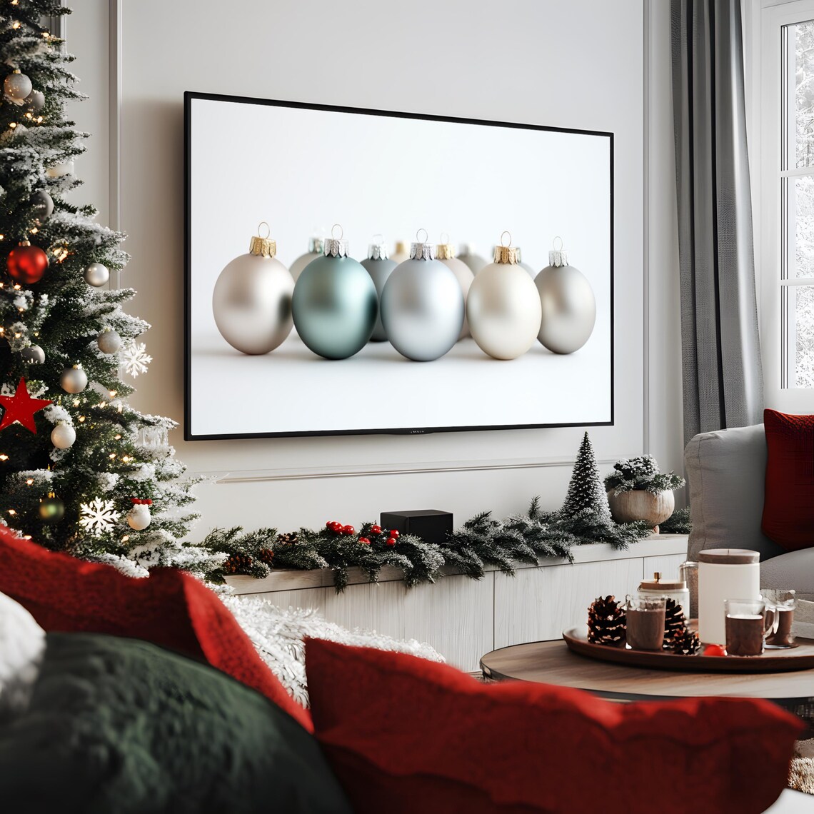 Matte Christmas Baubles Row Champagne Sage Silver Elegant Poster - Image 2