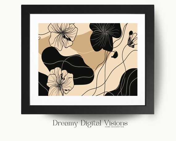 Abstract Botanical Line Art Black and Tan Floral Modern Poster