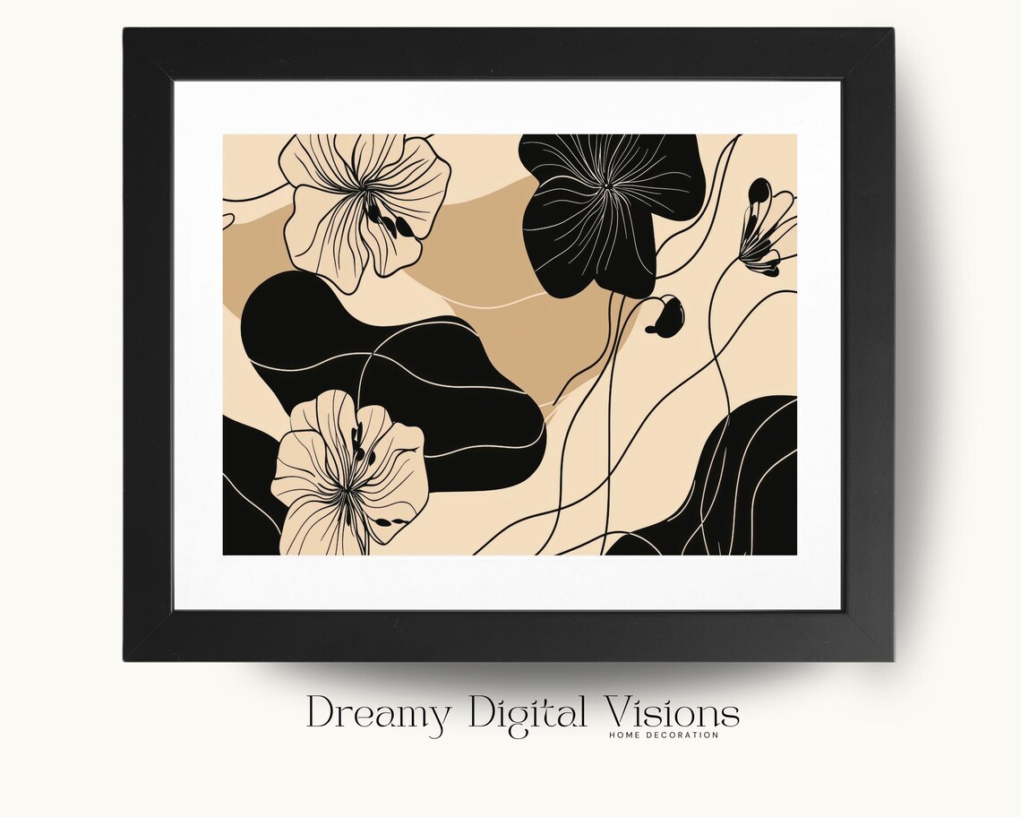 Abstract Botanical Line Art Black and Tan Floral Modern Poster