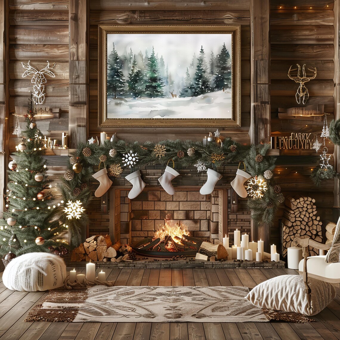 Watercolor Snowy Pine Forest With a Deer Christmas Art Poster - Image 2