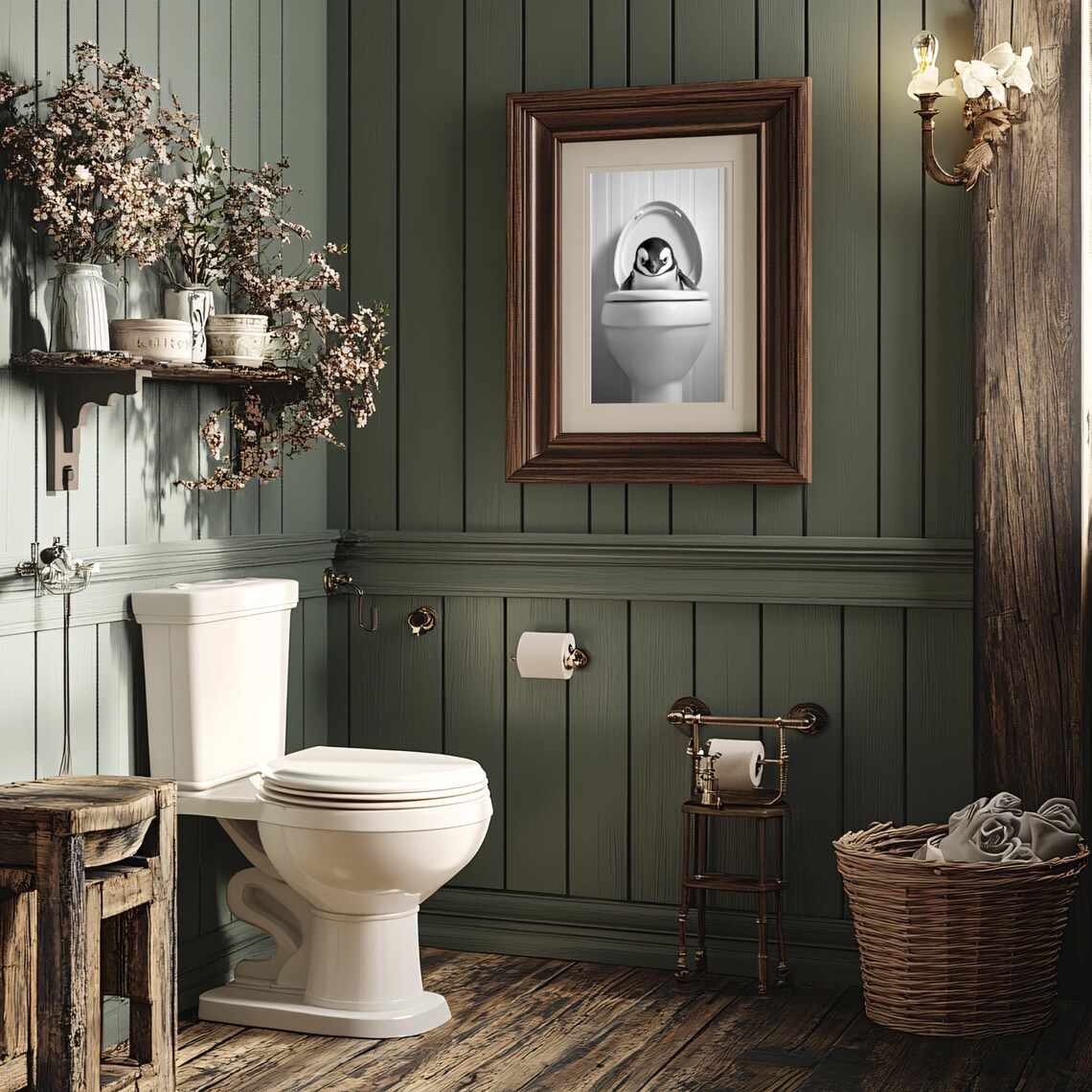 Funny Penguin Sitting on a Toilet Black and White Bathroom Poster - Image 3