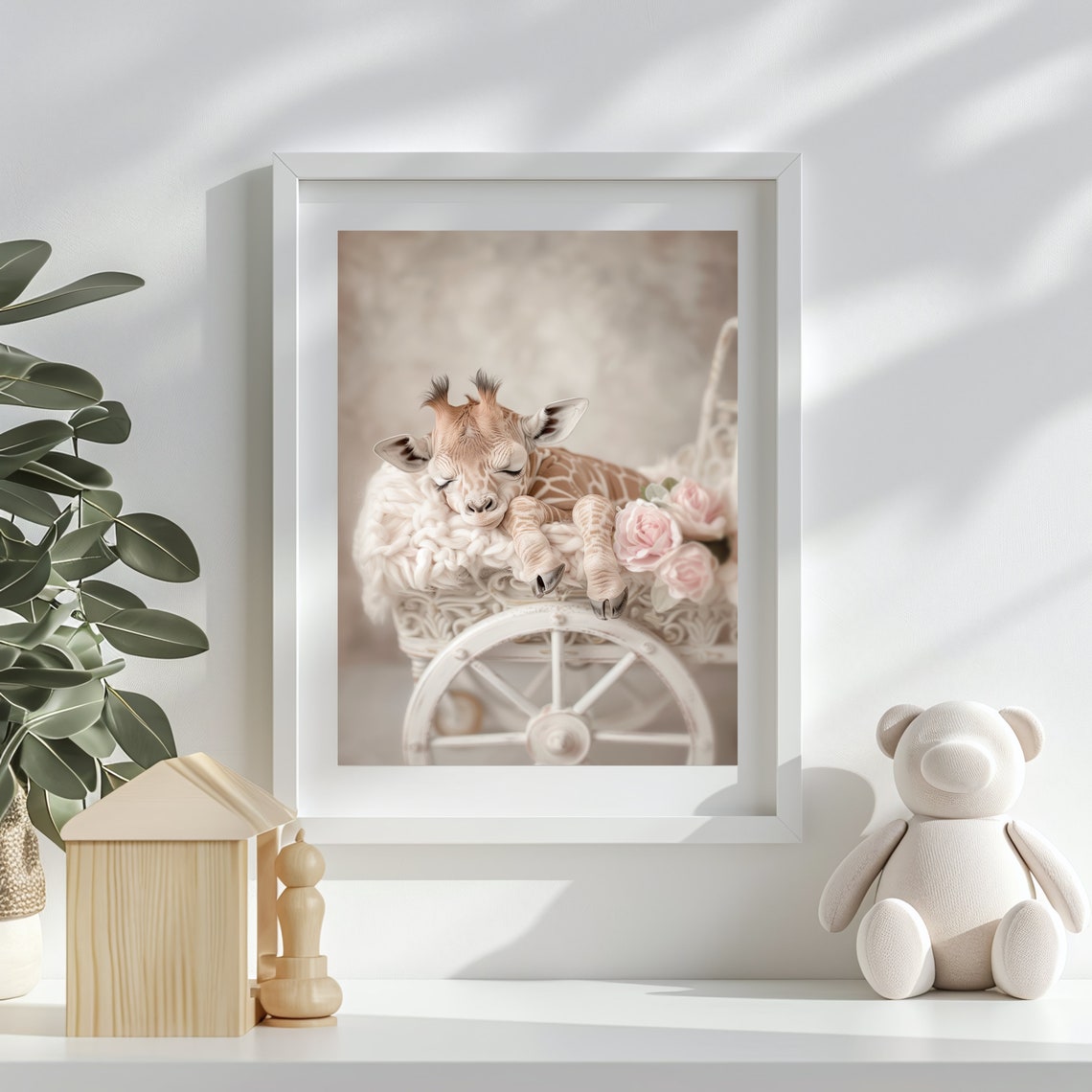 Baby Giraffe Sleeping on White Stroller With Pink Roses Poster - Image 2