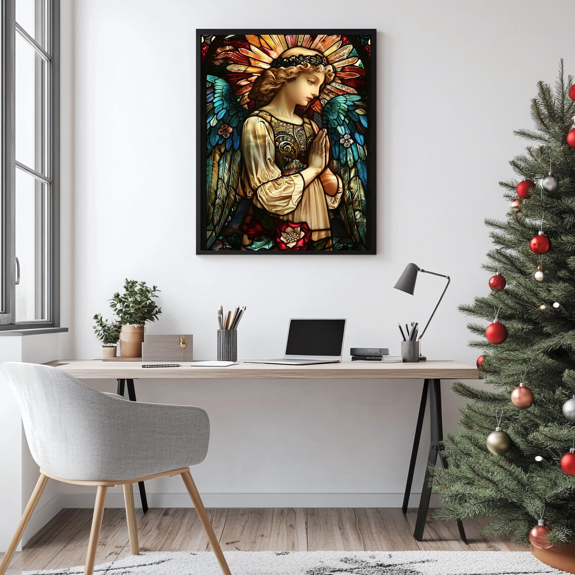 Praying Angel Stained Glass Style Colorful Spiritual Artwork Poster - Image 3