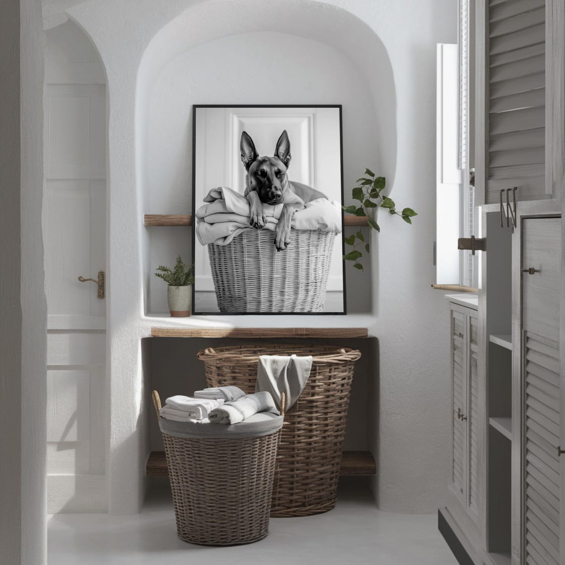Sleepy Dog Resting on a Laundry Basket Black and White Poster - Image 2