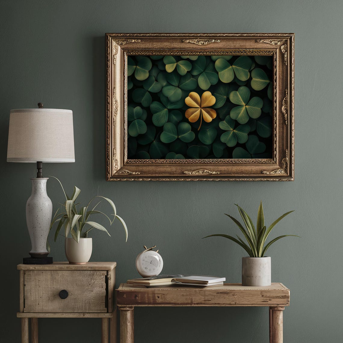 Golden Four Leaf Clover Among Deep Green Clovers Lucky Poster - Image 2