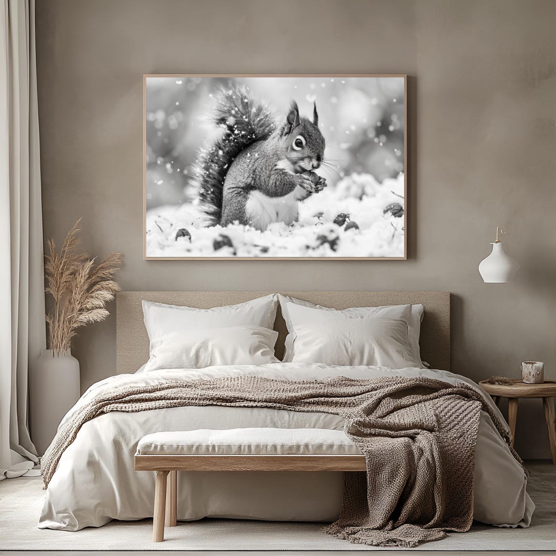 Squirrel Holding Nut in Falling Snow Black and White Winter Poster - Image 2
