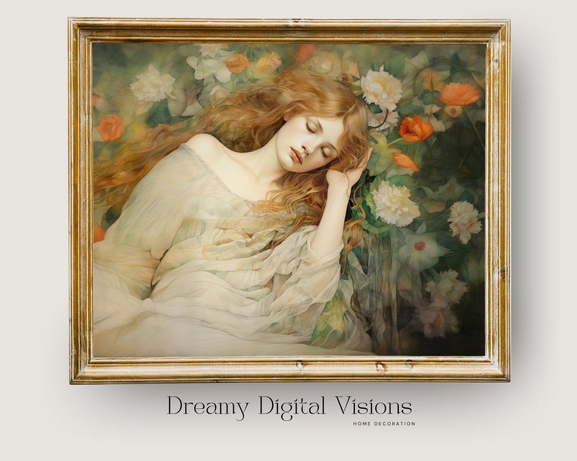 Watercolor Wall Art Portrait Of Girl Asleep In Flowers Boho Floral Girl Painting Romantic Art Neutral Decor Wall Art
