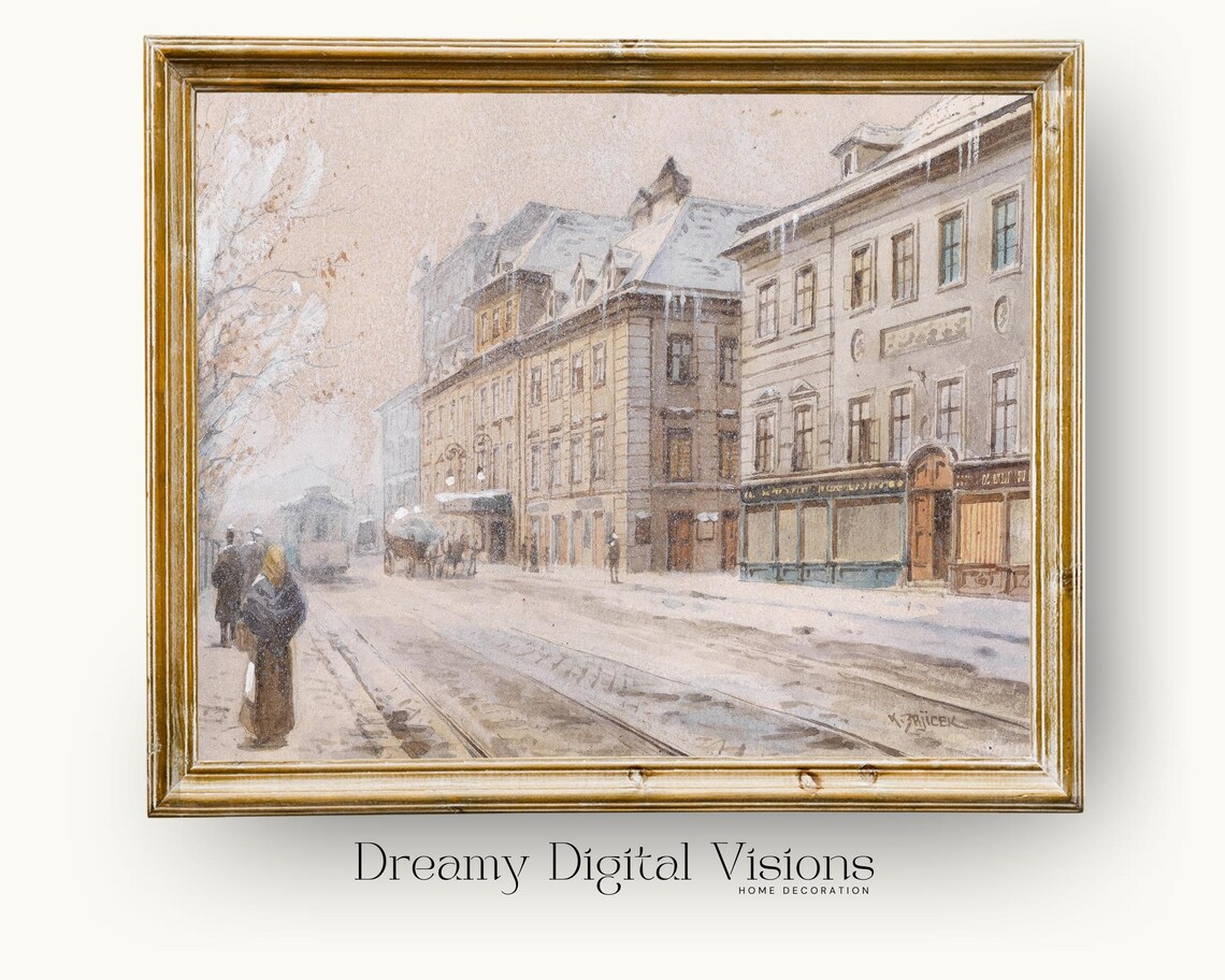 Vintage European Snowy Street With Horse Carriage Winter Poster