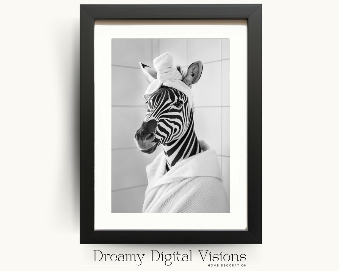 Zebra In Towel Turban Poster Funny Bathroom Black And White Animal Photo Decor