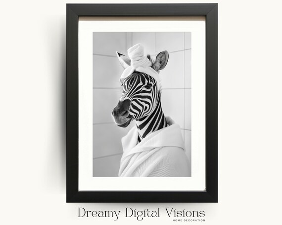 Zebra In Towel Turban Poster Funny Bathroom Black And White Animal Photo Decor