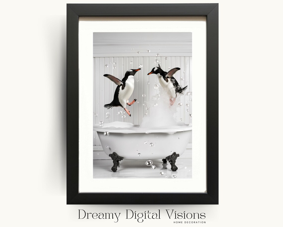 Funny Penguins in Bathtub Bathroom Art Print