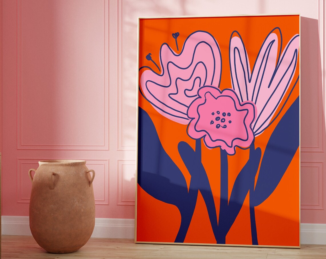 Abstract Flowers Pink Orange Navy, Scandi Art Print