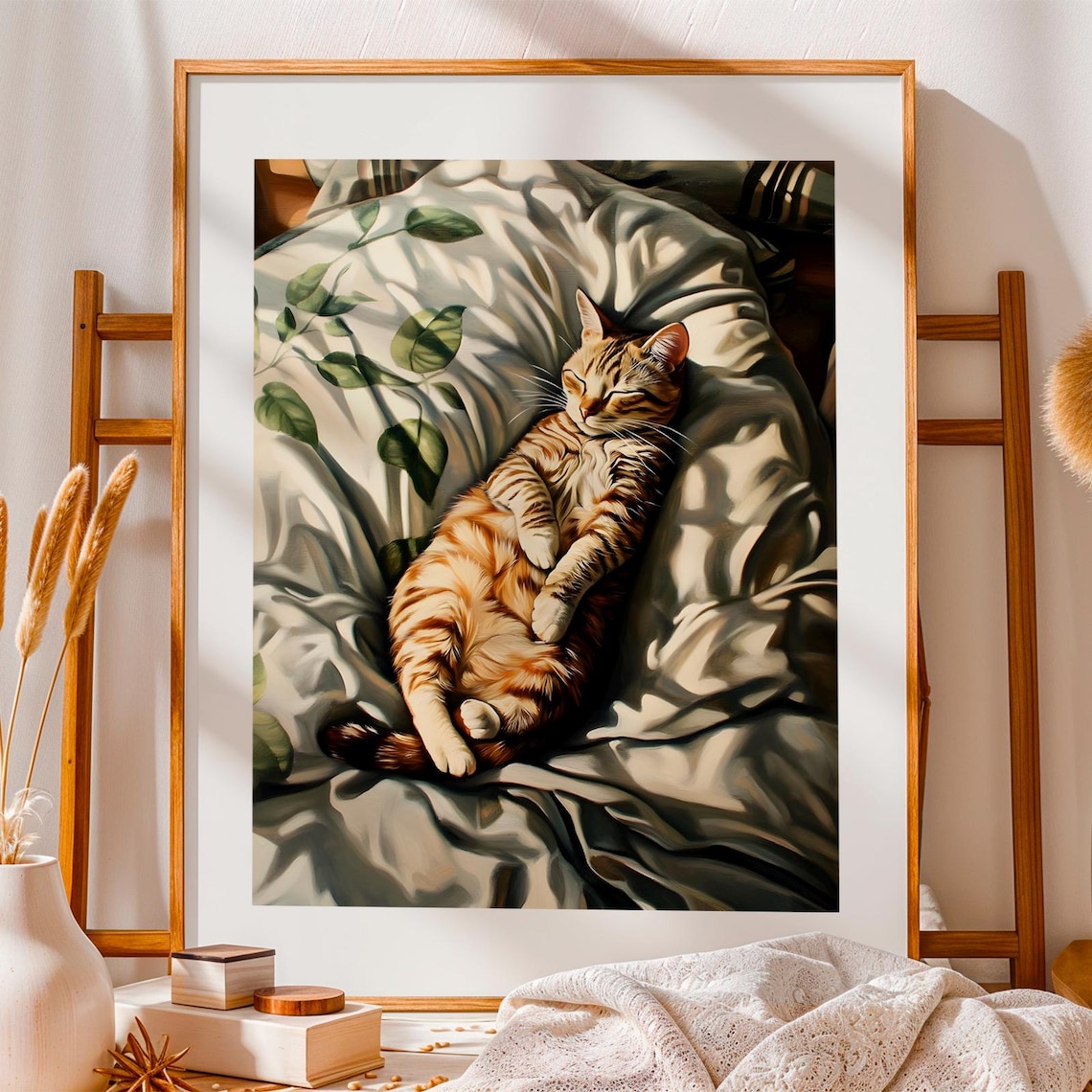 Orange Tabby Cat Sleeping Sunlit Bed Sheets Purr Bedroom Wall Art Print - Image 2
