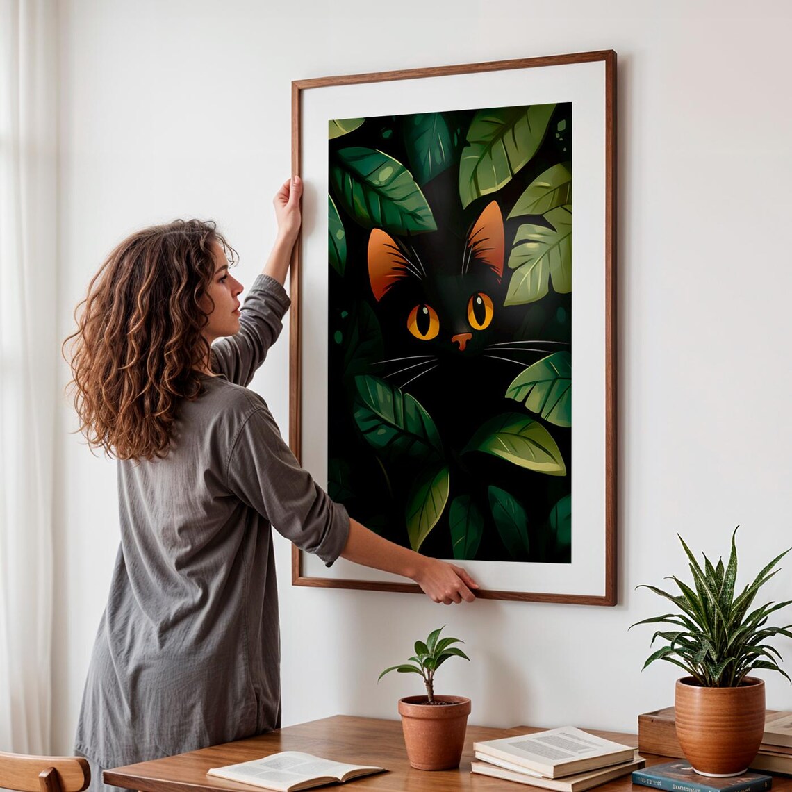 Black Cat Peeking Through Green Jungle Leaves Amber Eyes Wall Art Print - Image 3