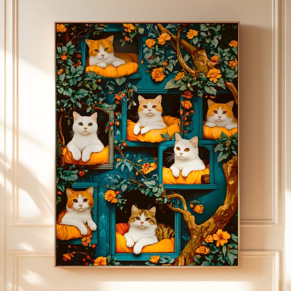Cats Lounging In Teal Window Boxes Floral Vines Cottagecore Wall Art Print