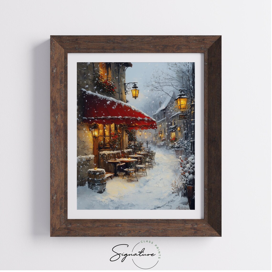 Snowy Cafe With Red Awning Cozy Winter European Street Scene Poster - Image 3