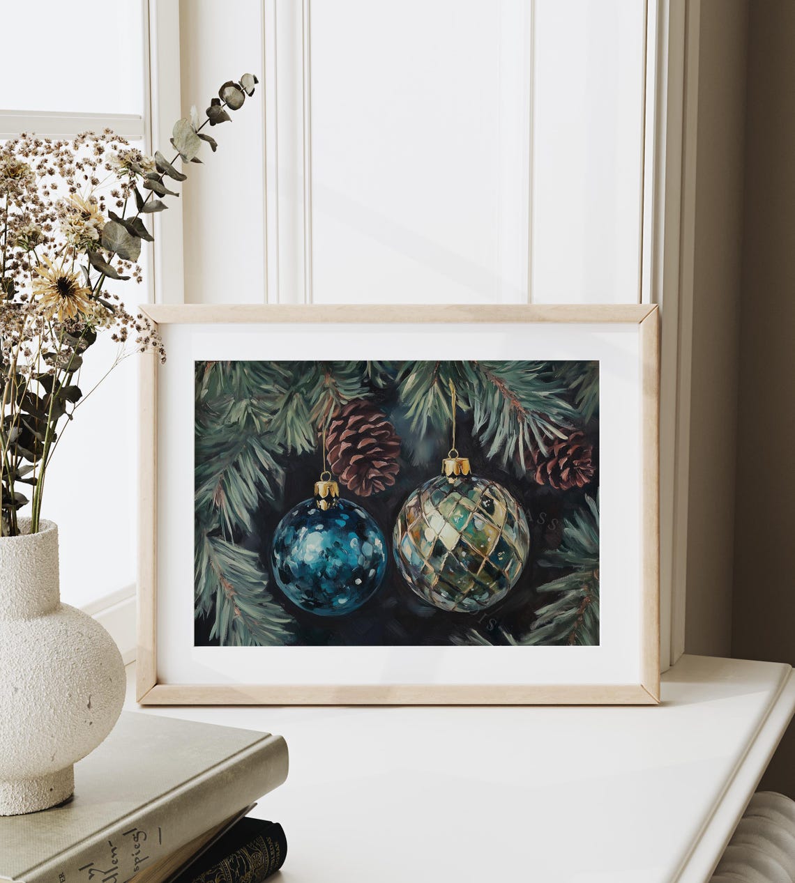 Teal Blue And Quilted Green Christmas Ornaments On Pine Poster - Image 6