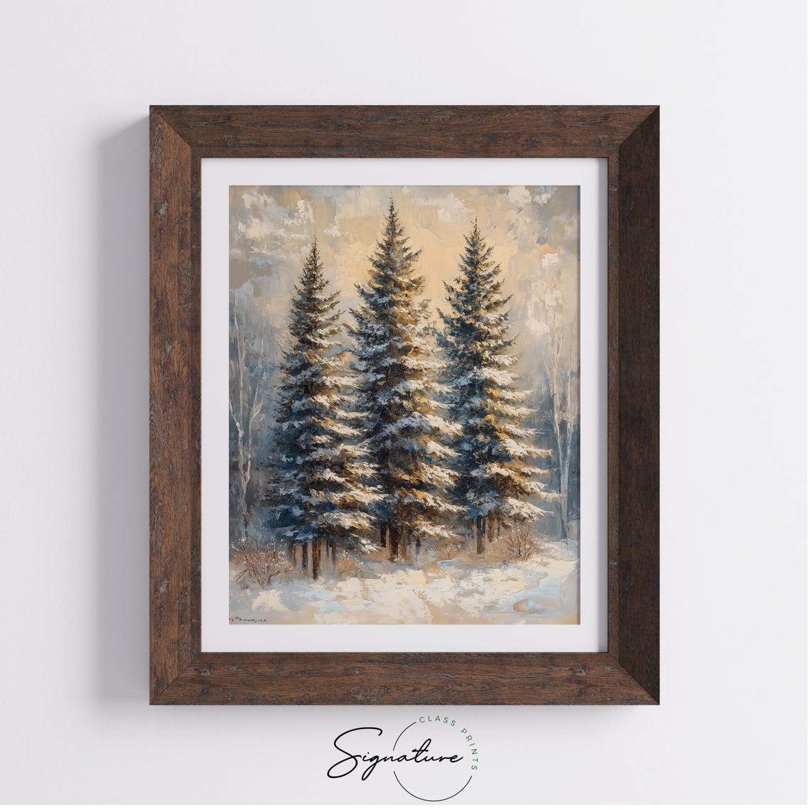 Snow Dusted Fir Trees In Winter Mist Warm Light Rustic Poster - Image 3