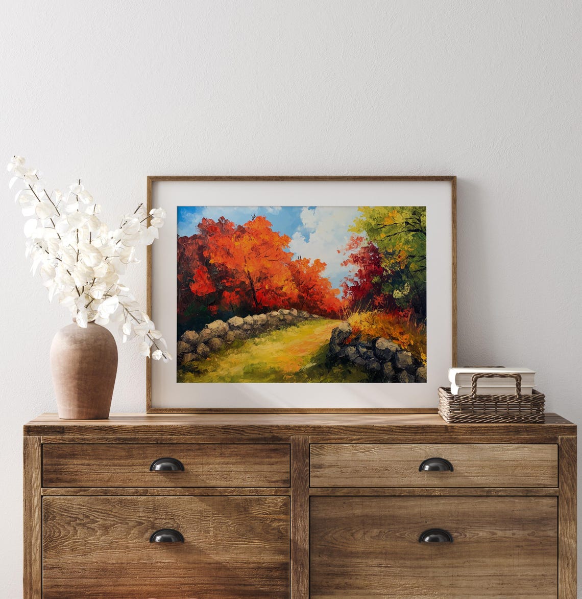 Sunlit Stone Wall Pathway Through Vibrant Autumn Trees Poster - Image 3