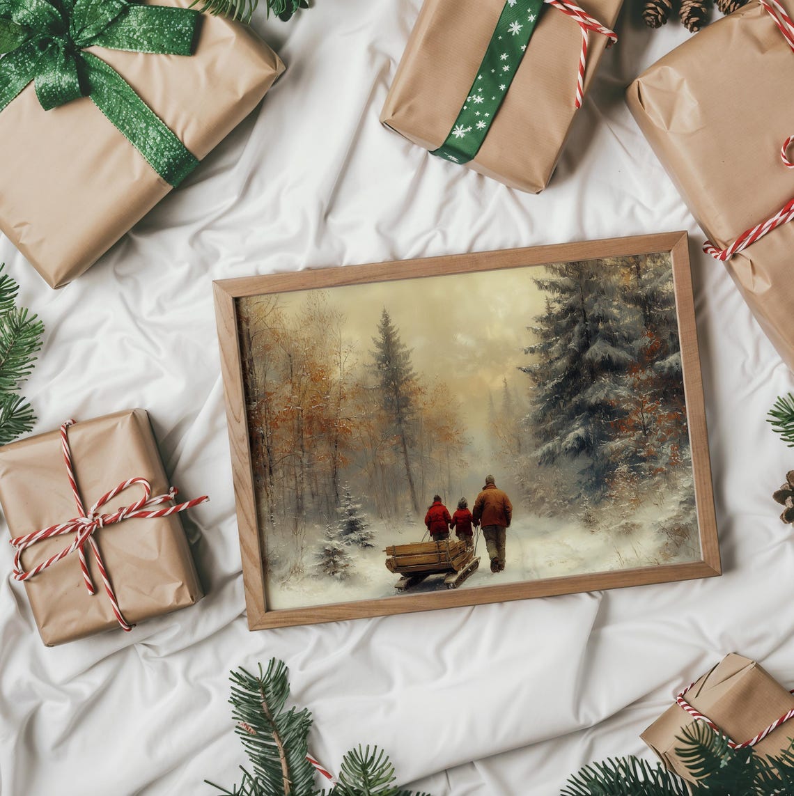 Family With Wooden Sled Walking Through Snowy Forest Winter Poster - Image 2