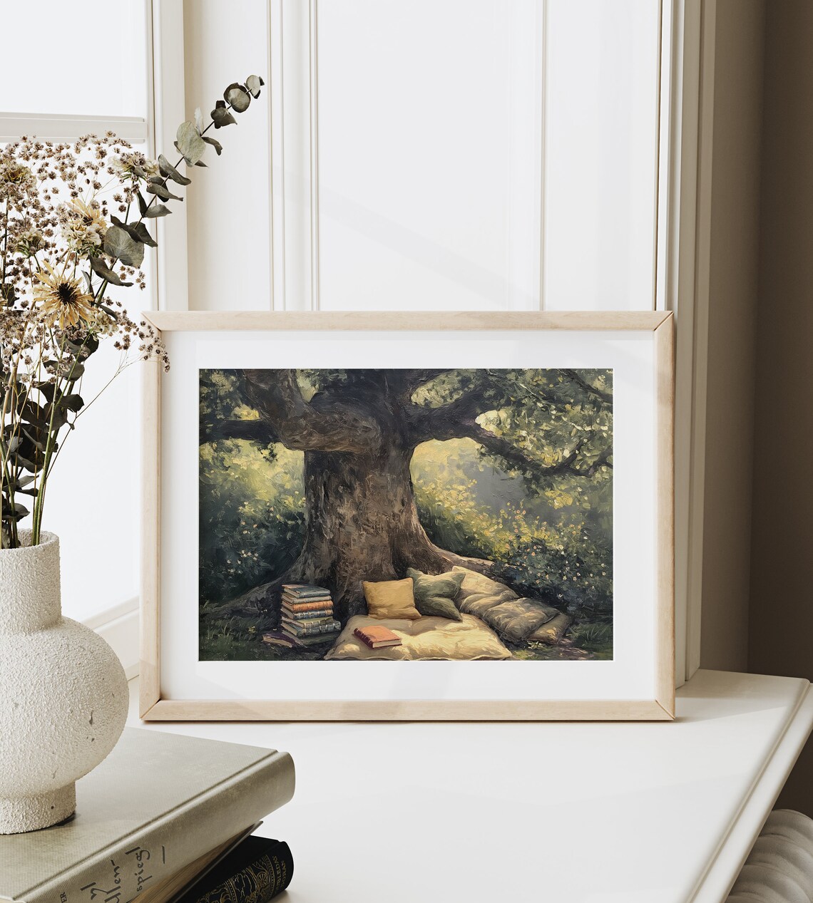 Cozy Reading Nook Under Tree Books Cushions Vintage Garden Oil Poster - Image 6