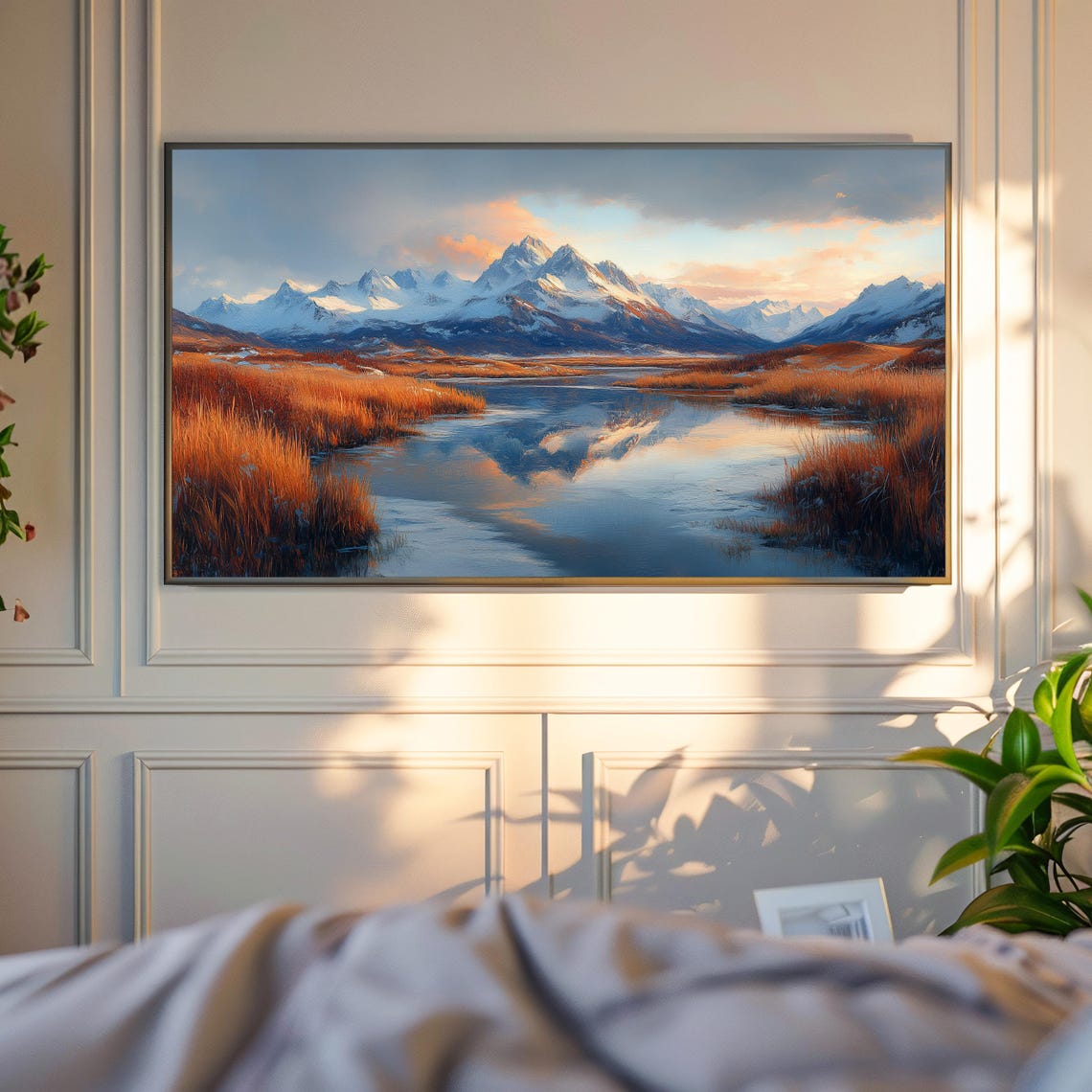 Snowy Mountain Range Lake Reflection Golden Grass Sunset Poster - Image 4