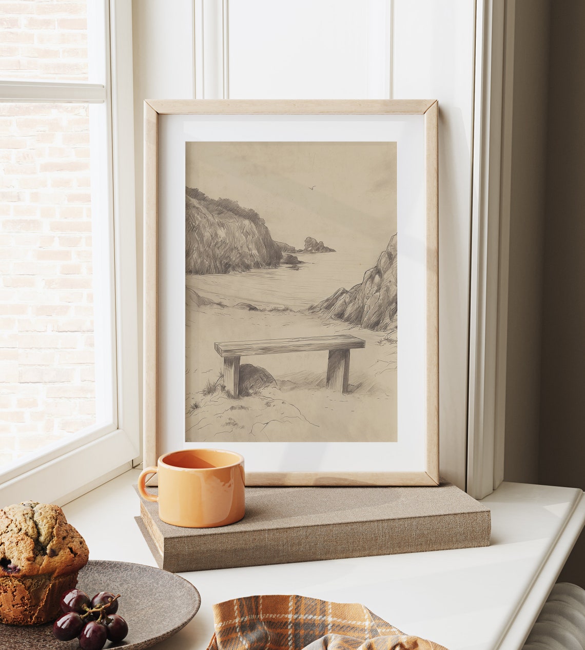 Solitary Bench Overlooking Secluded Cove Coastal Sketch Poster - Image 6